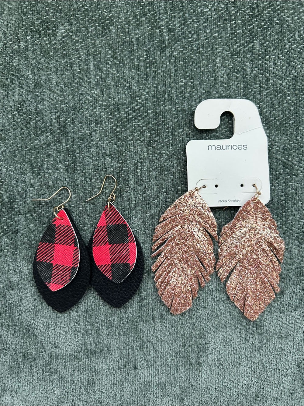 Maurices Pink Plaid and Rose Gold Glitter Leaf Earring Set